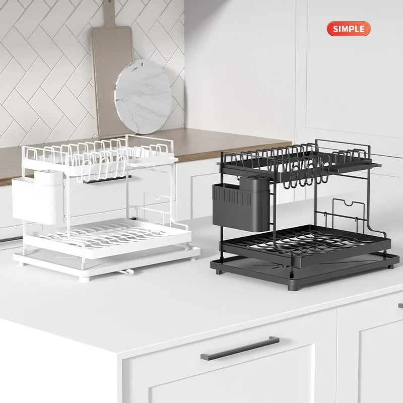 White double-layer kitchen storage rack with removable components for utensil organisation