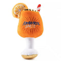 Yellow beer bottle squeaky dog chew toy with plush construction and teeth-cleaning features
