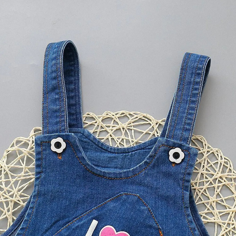 Blue dog print cotton blend kids strap jeans with suspender for boys and girls