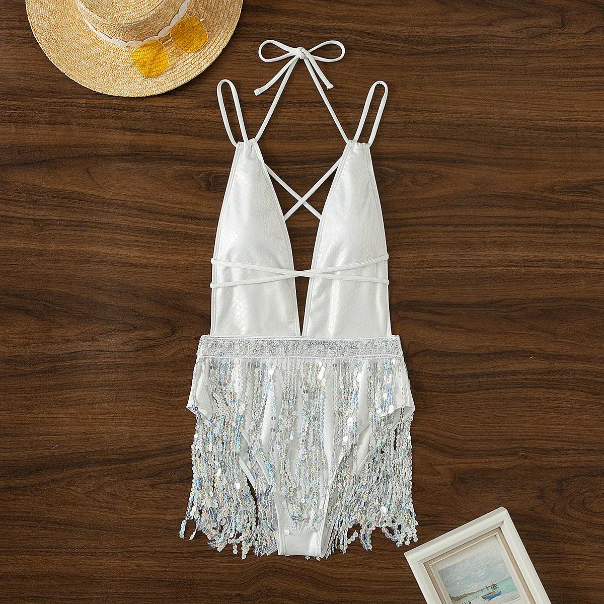 White deep V-neck one-piece swimsuit with detachable tassel decoration and briefs style bottom