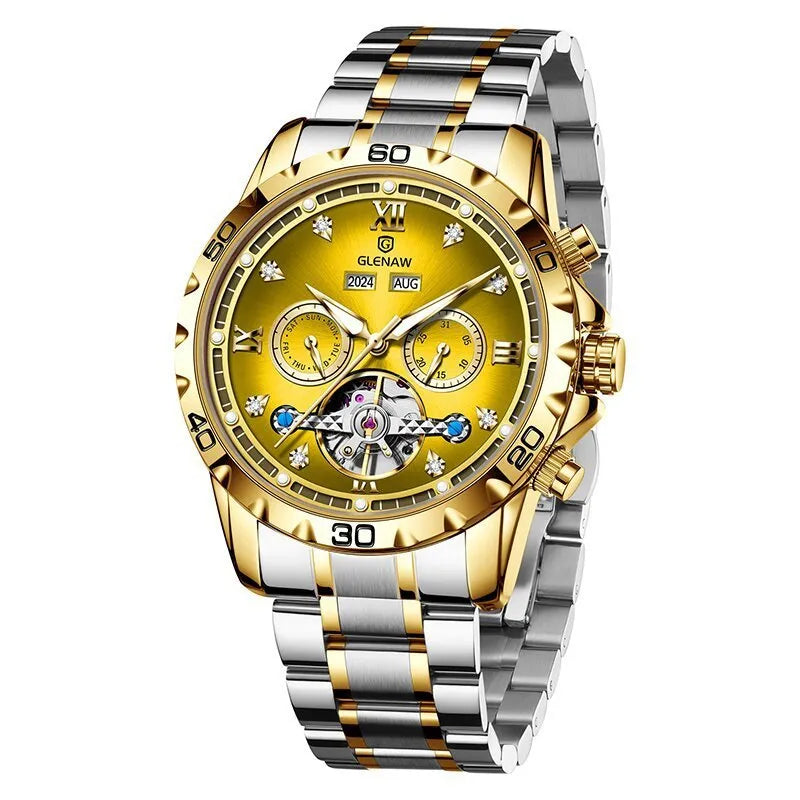 Men's automatic mechanical watch with stainless steel strap and mineral glass face in business style