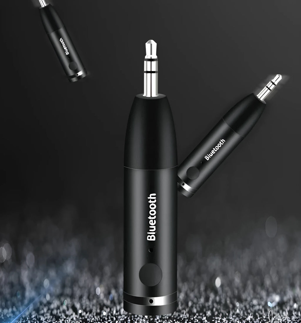 Black Bluetooth AUX audio receiver for car stereo with USB cable