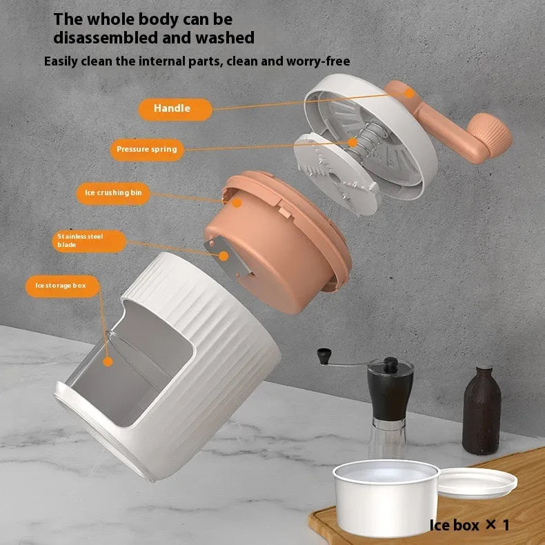 Hand-cranked ice shaving machine in green with removable ice box and ergonomic handle