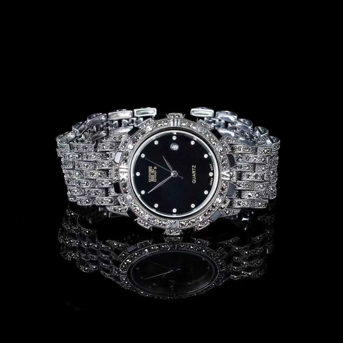 Quartz movement luxury romantic watch with metal strap, round dial, and jewellery buckle in black plate