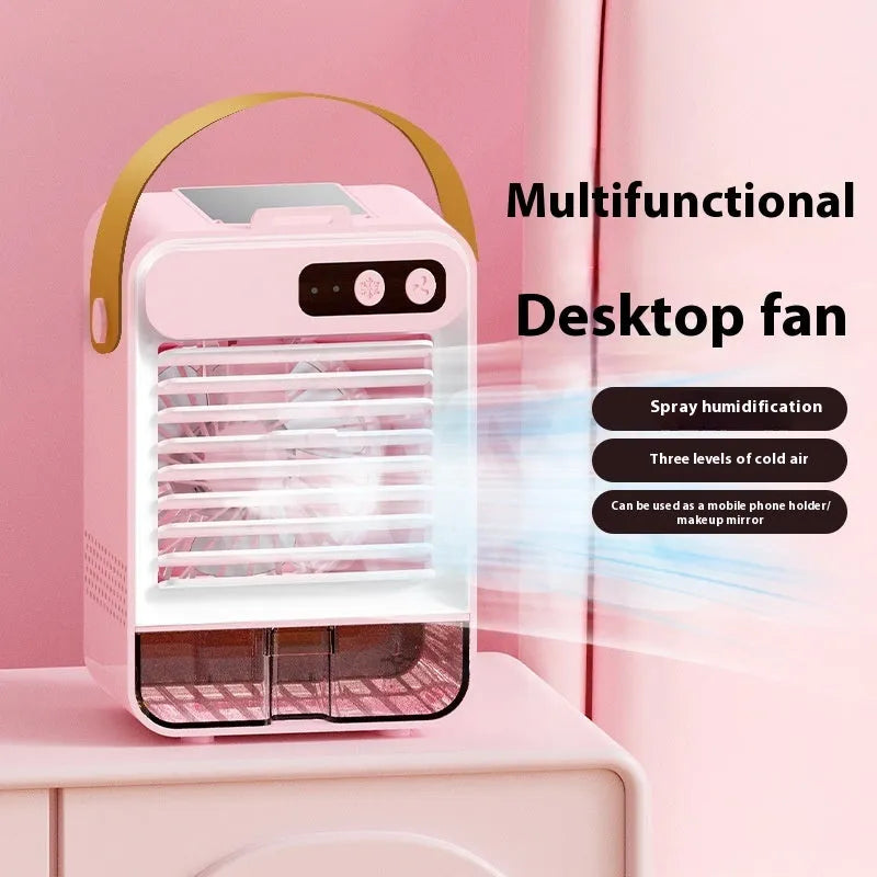 Dark green portable USB desktop air humidifier with brushless motor on a wooden desk.