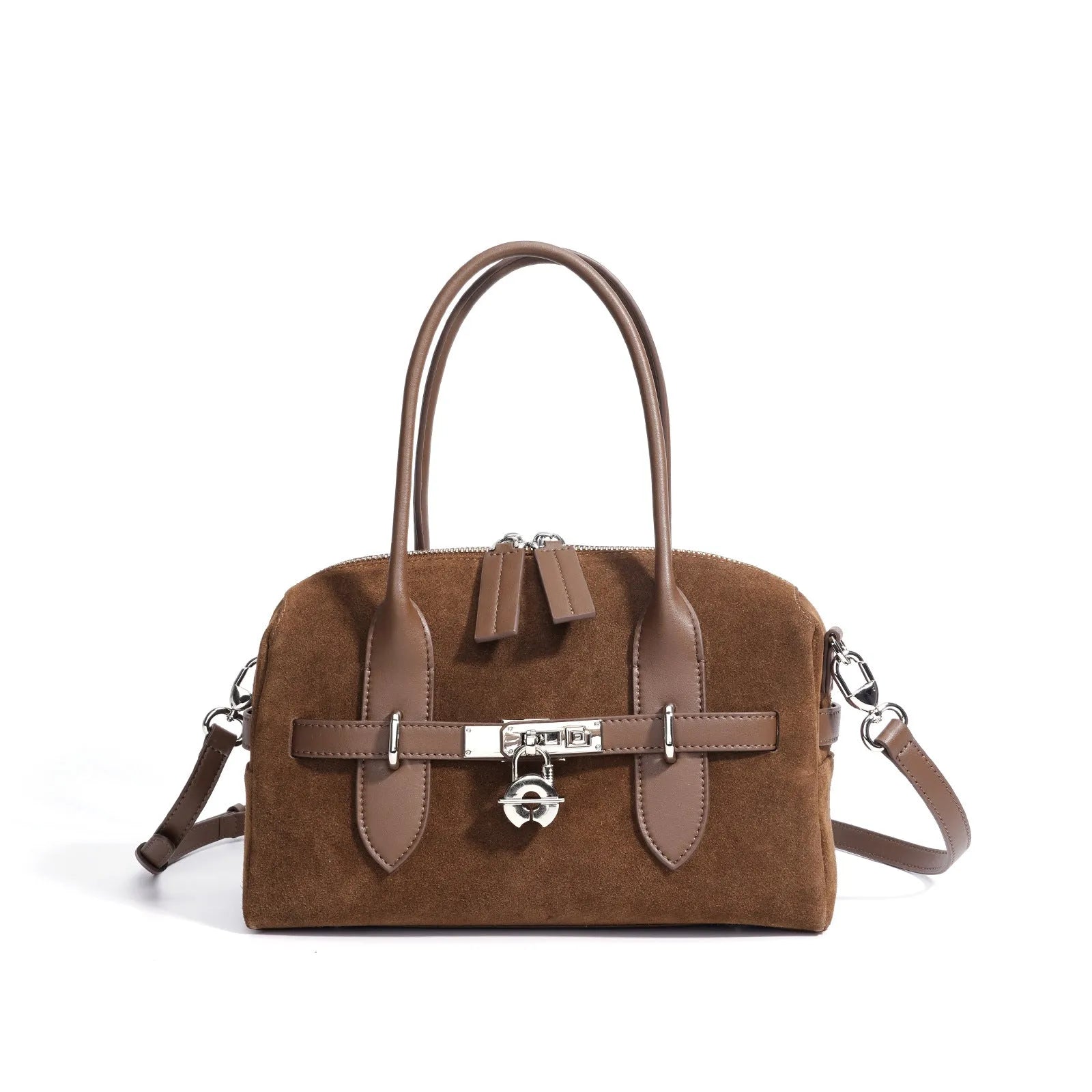 Frosted color-blocking genuine leather shoulder bag in brown with internal document pocket