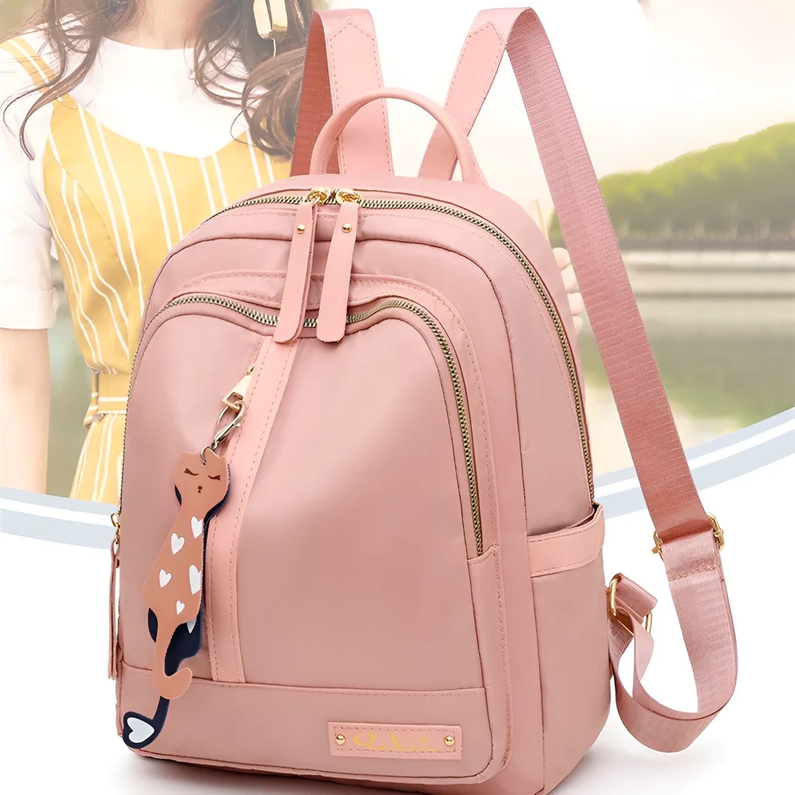Black or pink casual nylon backpack with waterproof features and organised internal compartments