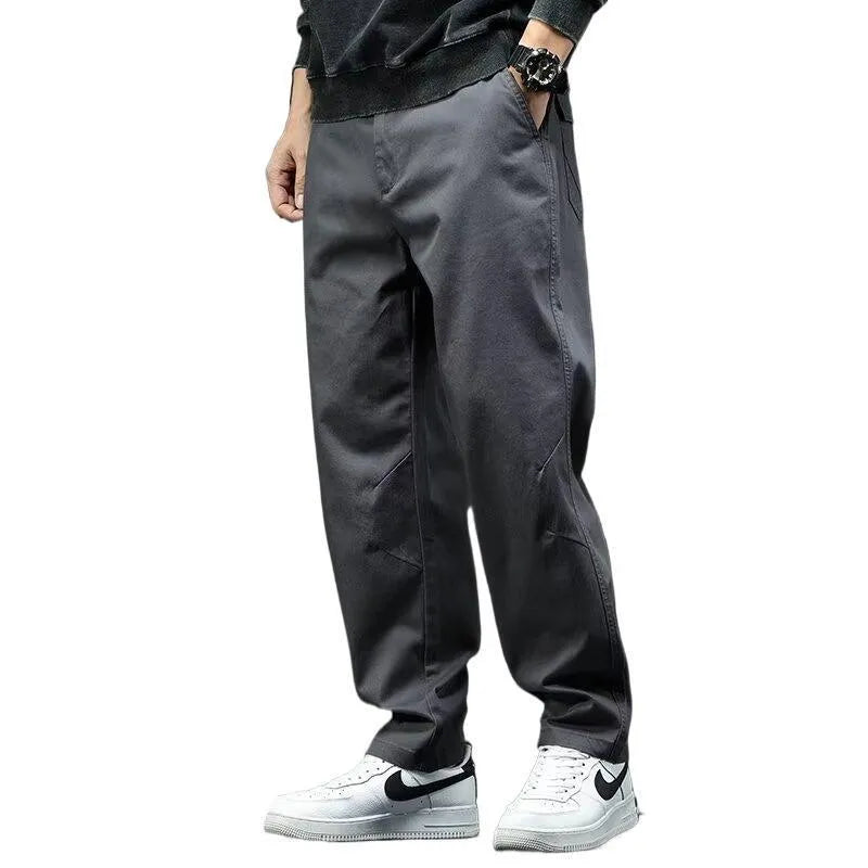 American style loose straight casual cotton trousers for men in black, mid waist, size M to 3XL