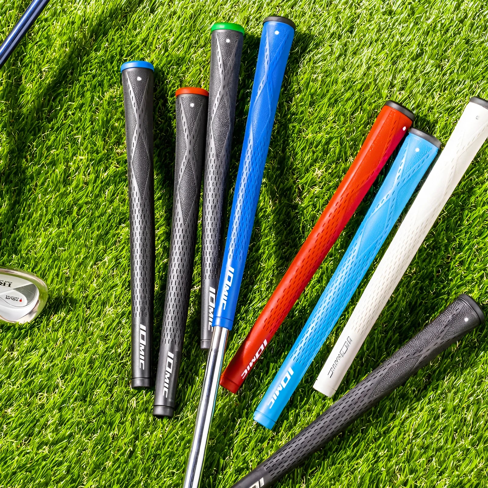 TPE material golf club grip shown in pink, red, dark blue, light blue, white, and black with coloured head options.