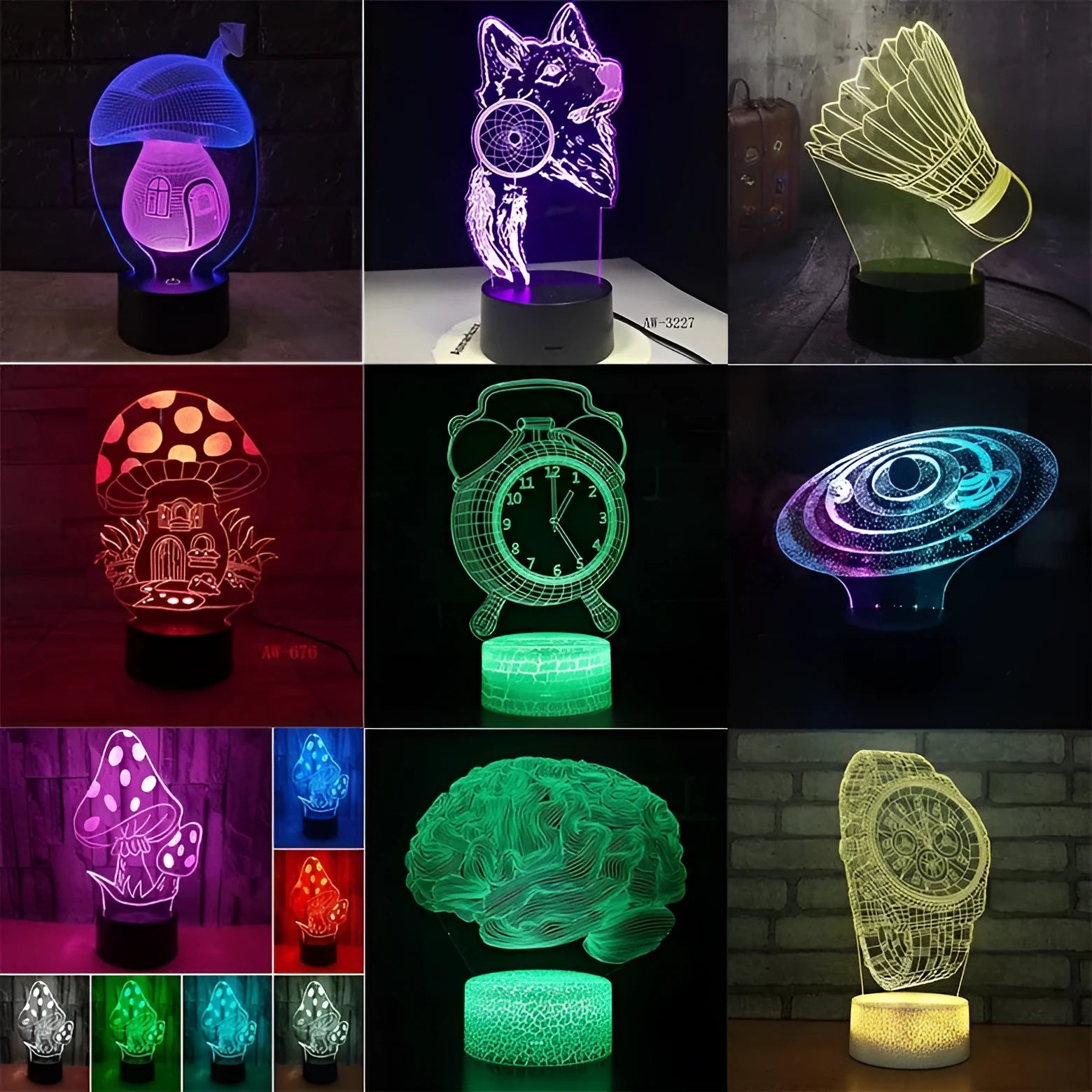 3D LED desk lamp with acrylic board and ABS base showing colorful light effect