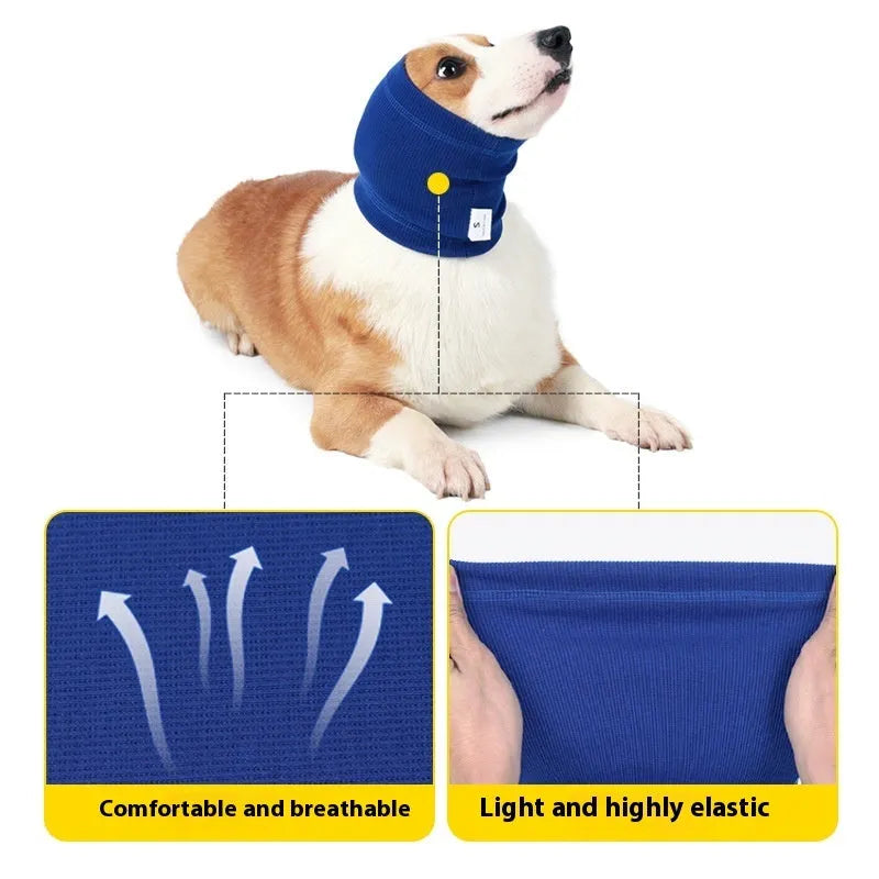 Blue and grey polyester dog headband scarf shown in S, M, L sizes.