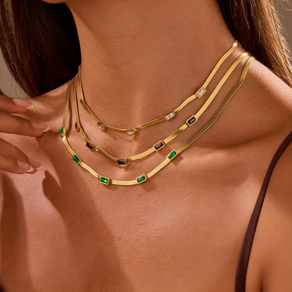 Retro geometric square zircon necklace with stainless steel flat snake chain in gold or steel colour