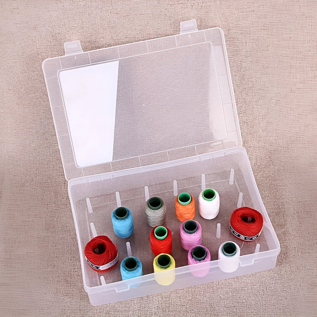 Transparent plastic embroidery storage box with 42 compartments for thread and bead organisation