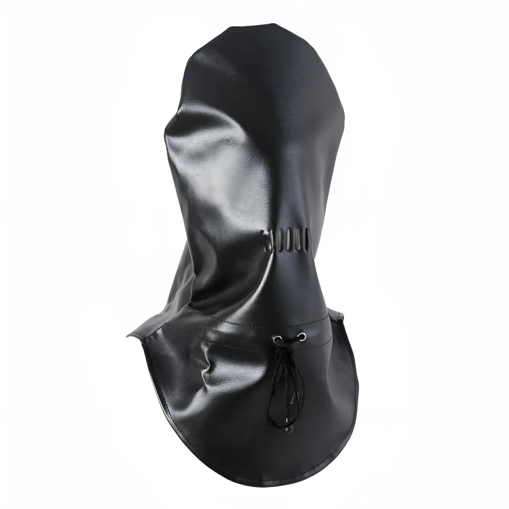 Black leather fetish mask with eyeholes and adjustable strap for BDSM training