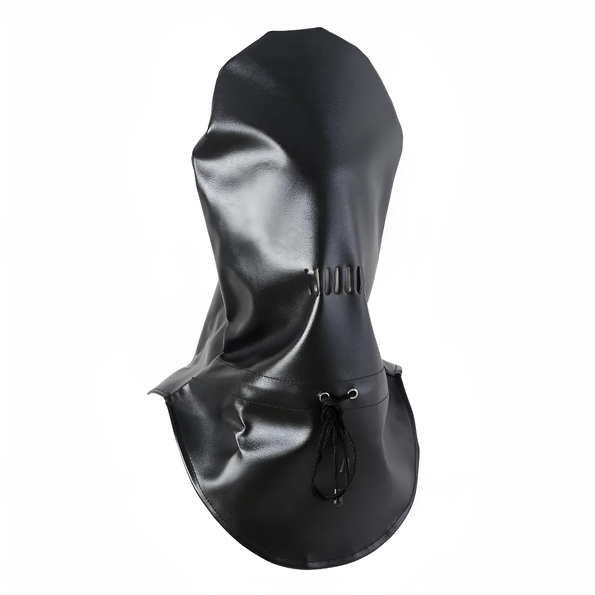 Black leather fetish mask with eyeholes and adjustable strap for BDSM training
