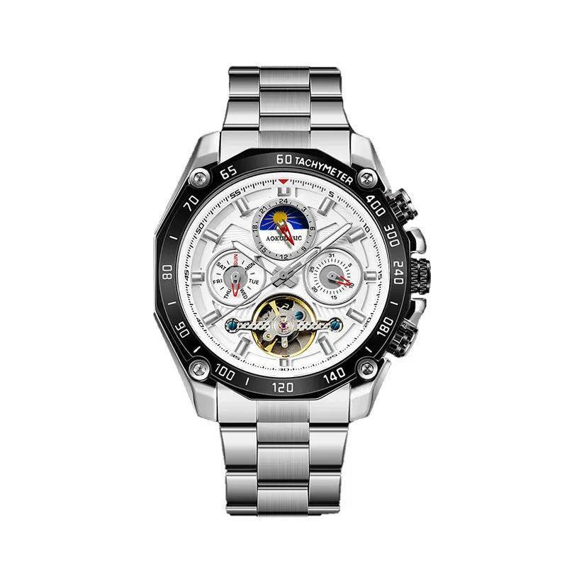 Automatic mechanical watch for men showing silver case with white dial
