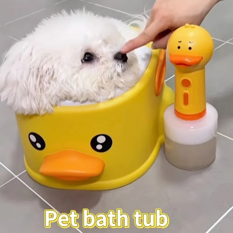 Blue PVC bathtub shaped like a duck for washing small to medium dogs and cats.