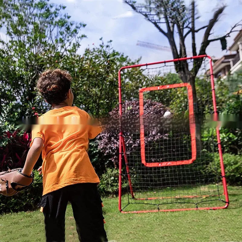 Red portable baseball training net with adjustable metal frame shown at 4x6 foot size