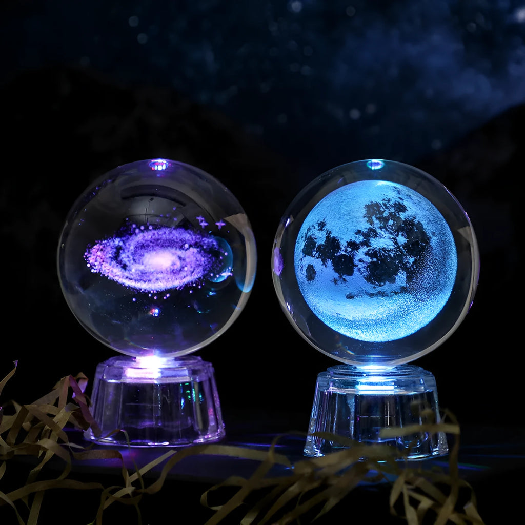 Transparent 6cm crystal ball ornament with internal laser carving and LED illumination on fixed base