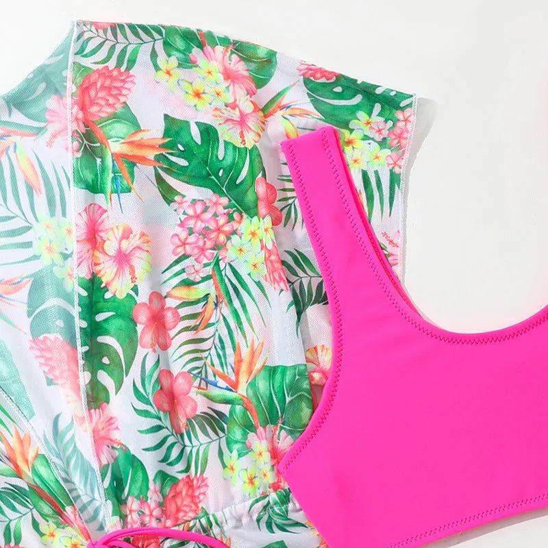 Girls' two-piece swimsuit set with split overclothes in floral print, sizes 130-160cm