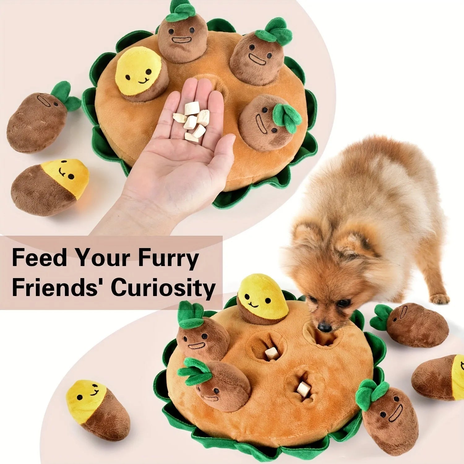 Interactive dog puzzle toy with yellow removable squeaky toys and sniffing pads on polyester base