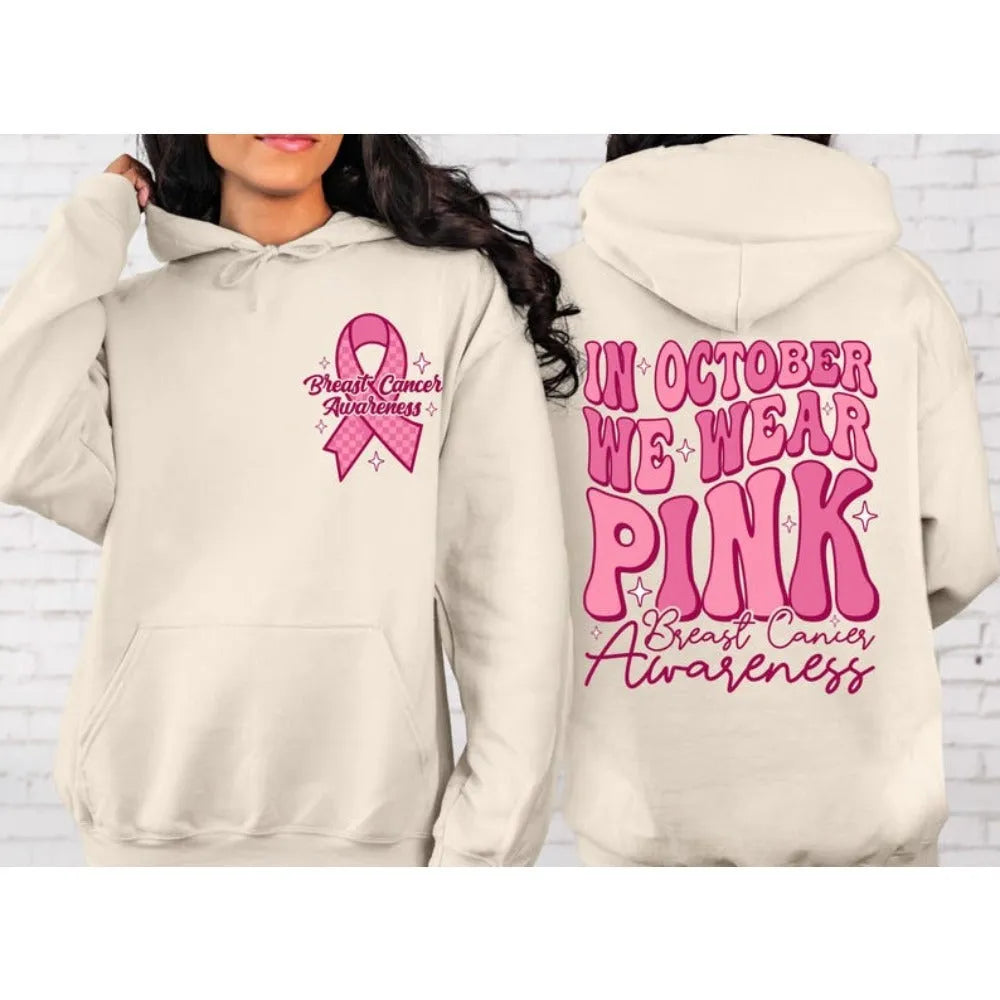 Breast Cancer Awareness pink ribbon retro print hoodie with side pocket