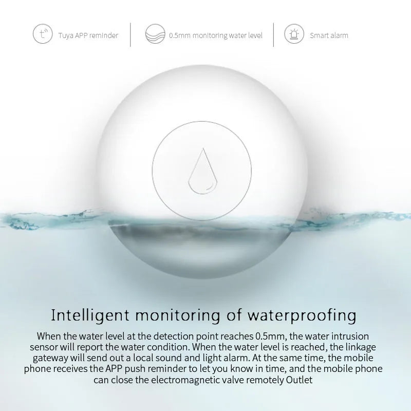 Zigbee wireless water leak sensor with compact PC housing for smart home flood detection