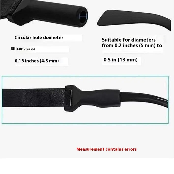 Black adjustable glasses retention cord with silicone temple hooks and fibre rope, shown in adult and children's sizes.