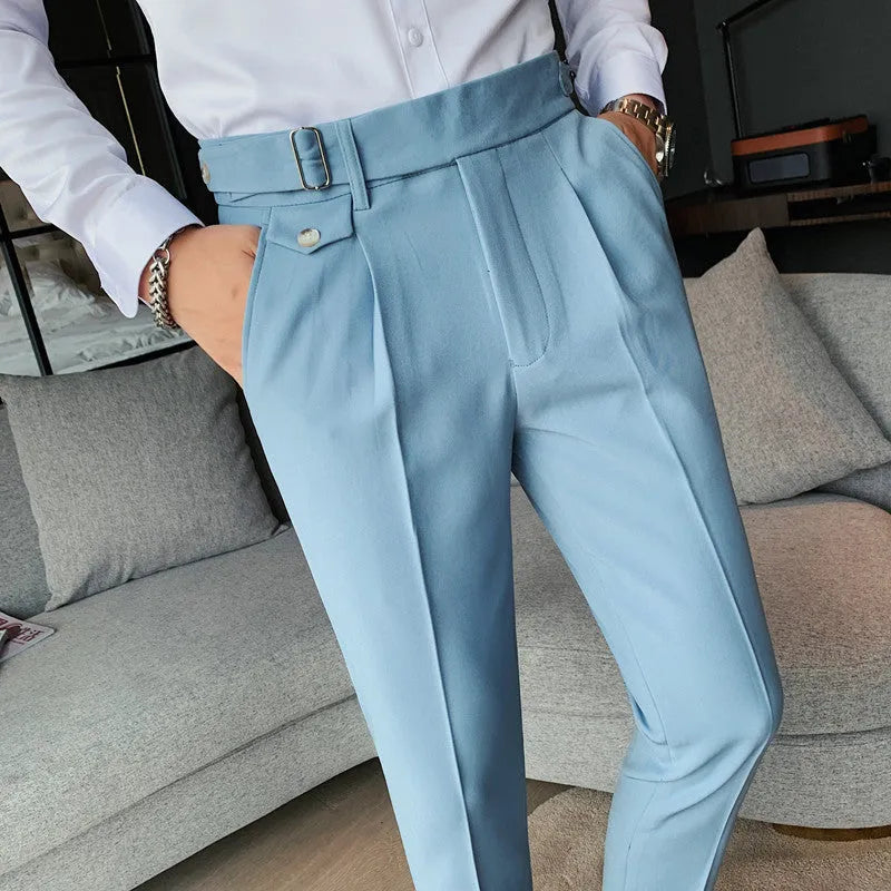 Men's straight-leg polyester casual trousers in solid khaki colour on a hanger.
