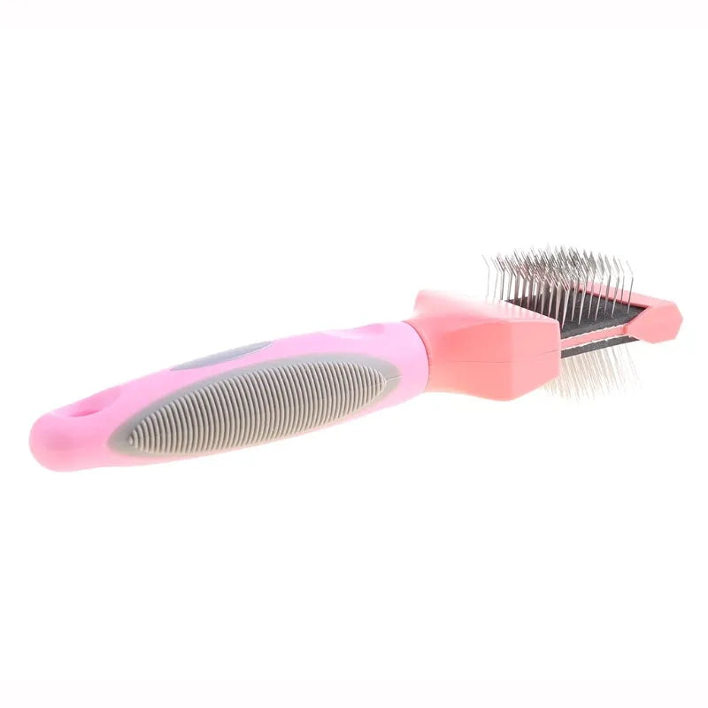 Double-sided pet brush with stainless steel pins on blue ergonomic handle