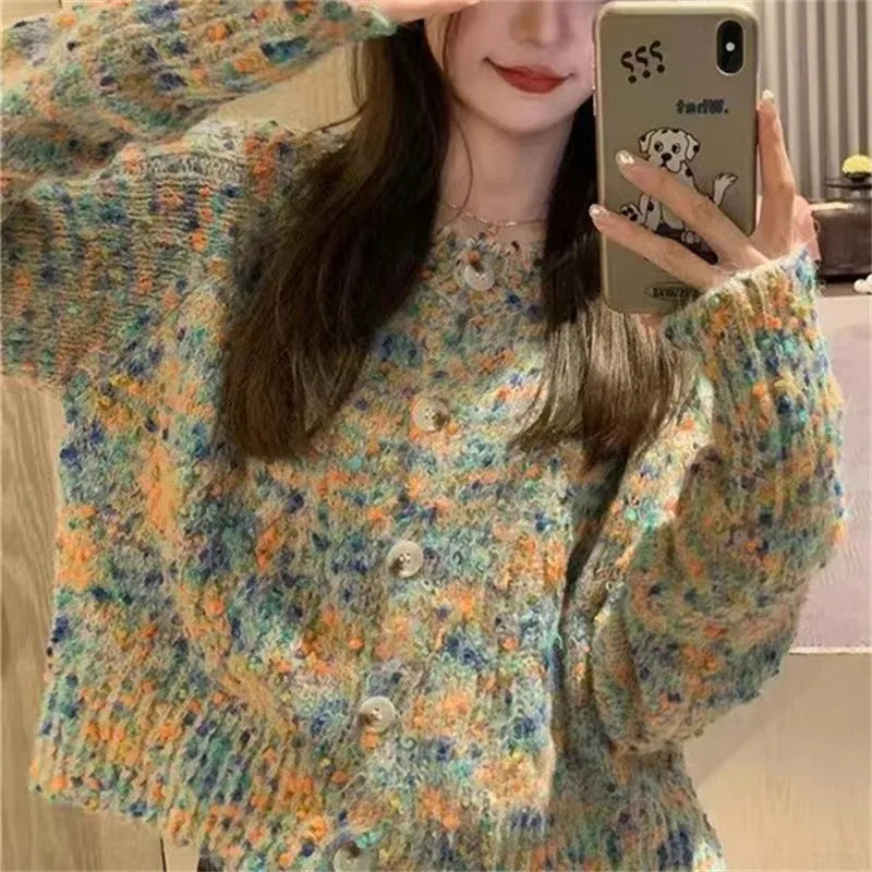Rainbow knitted cardigan sweater in gentle idle style with slim fit and free size