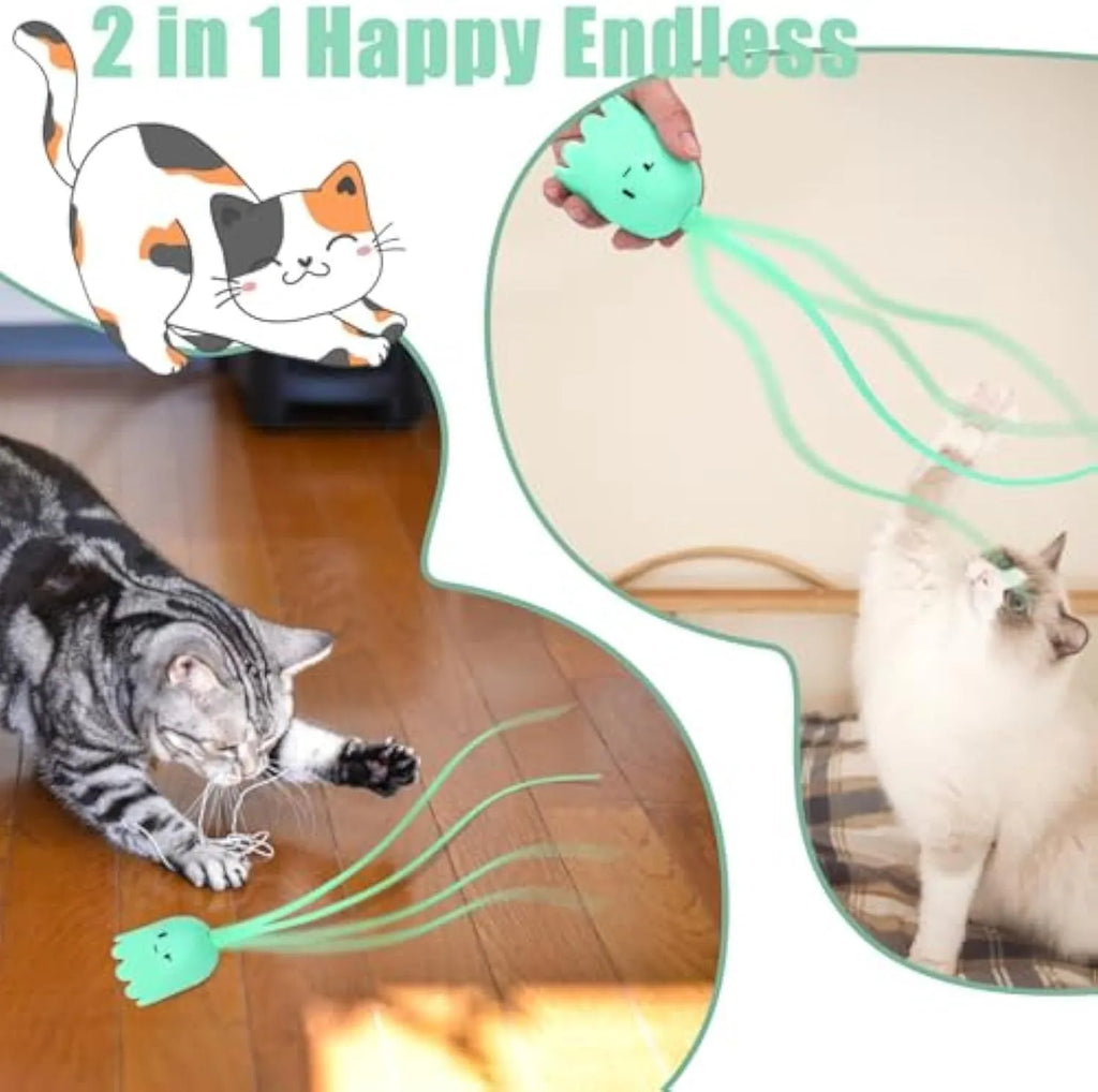 Green automatic cat wand toy with swinging silicone tail on floor for indoor cat play
