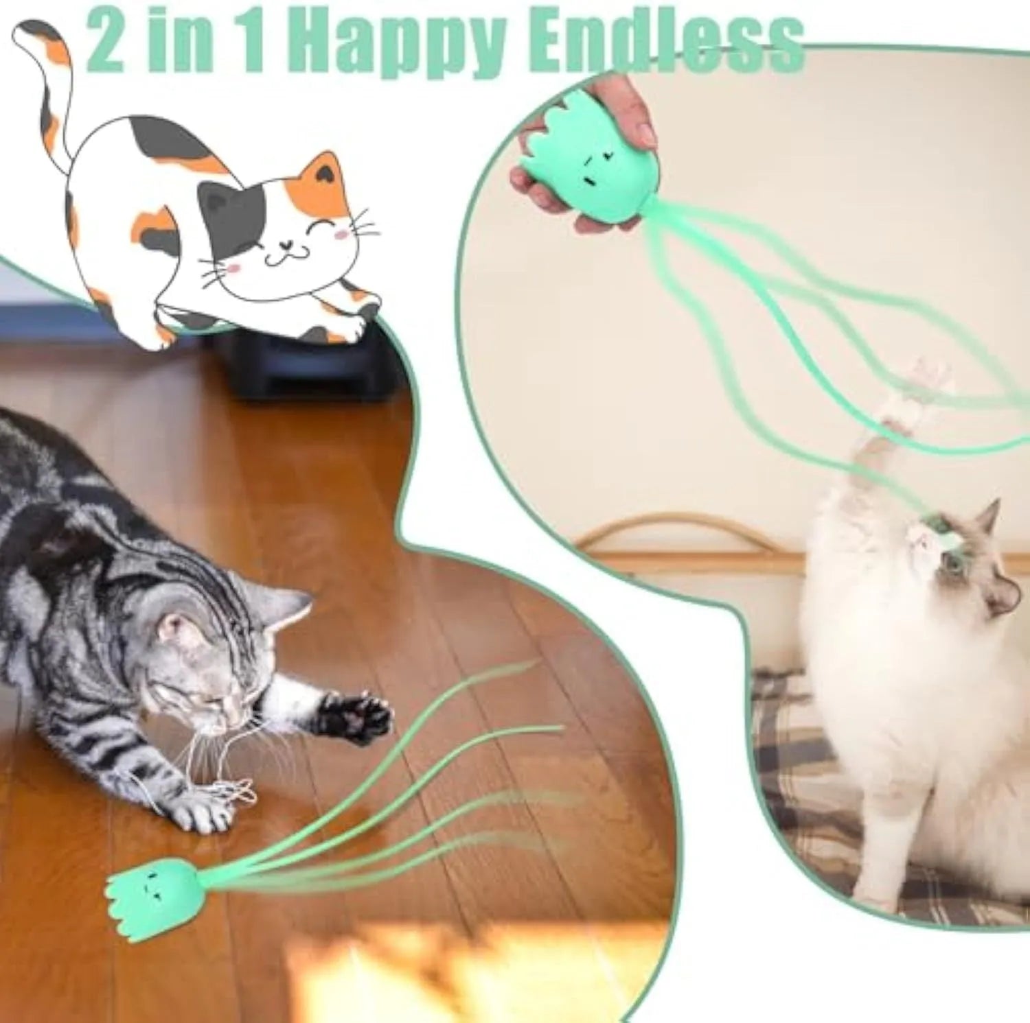Green automatic cat wand toy with swinging silicone tail on floor for indoor cat play