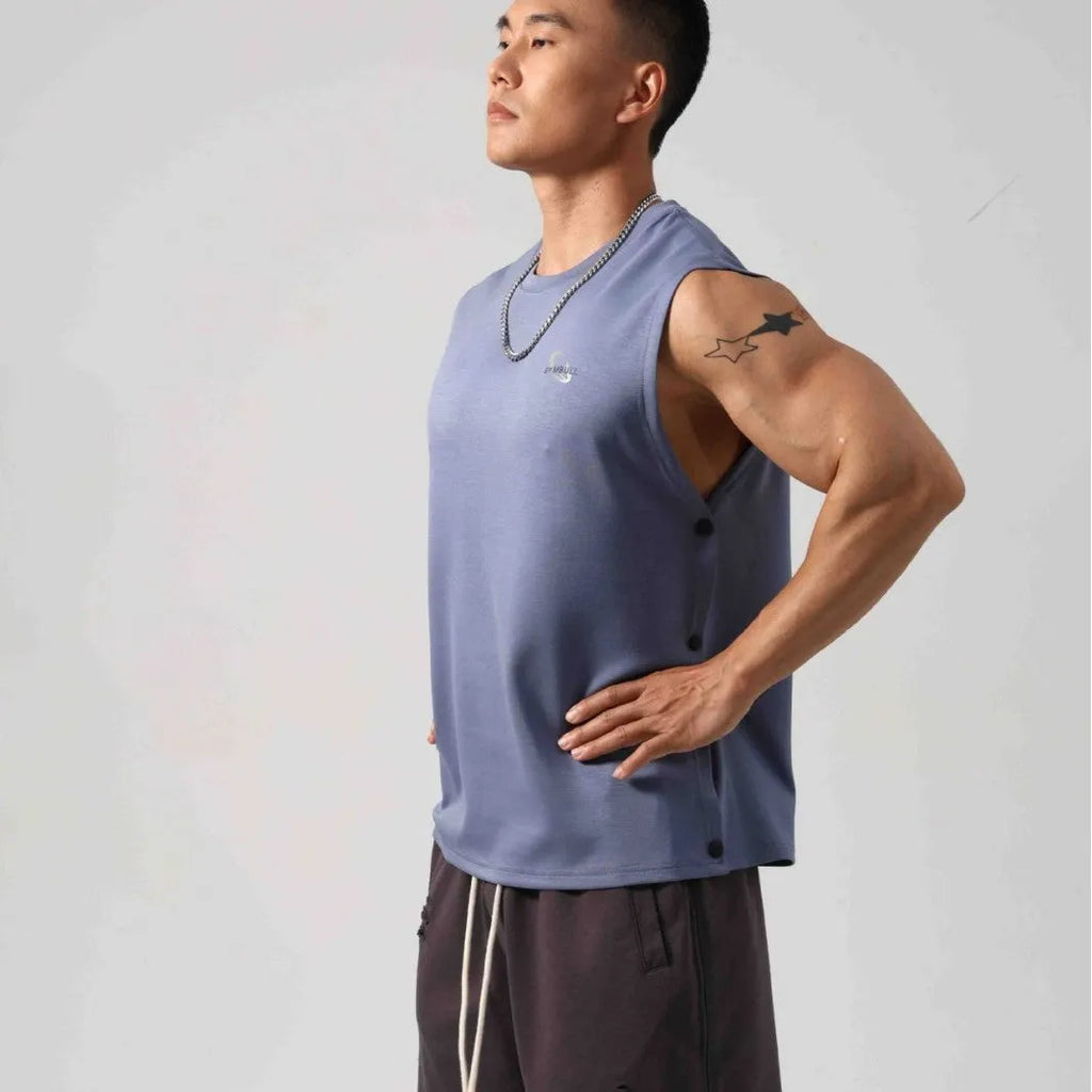Korean style men's loose fit fitness vest with hidden hook side openings in solid cotton fabric