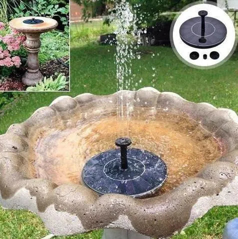 Black solar water fountain pump with solar panel, measuring 16cm, for ponds and bird baths.