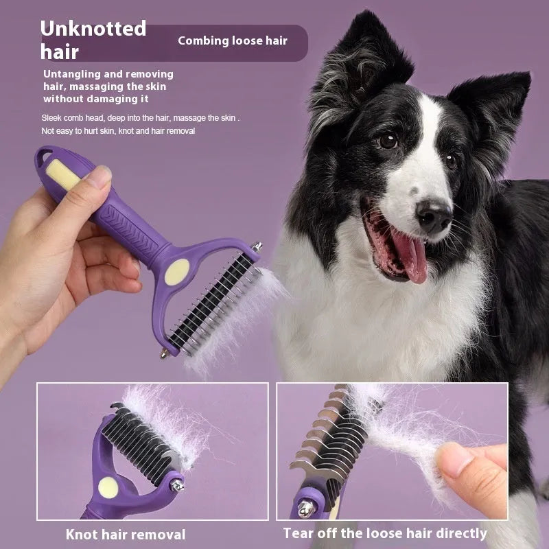Purple double-sided plastic pet grooming comb for untying knots on cats and dogs
