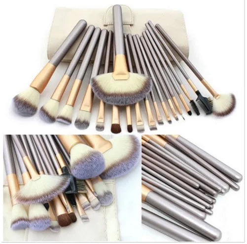 Persian make-up brush set with white bristles and champagne handles in professional case