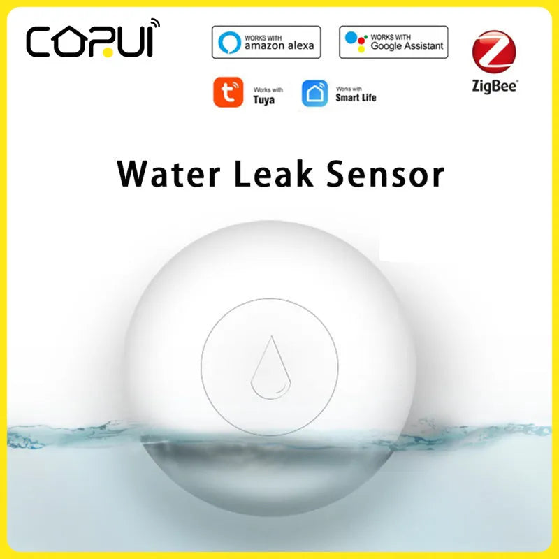 Zigbee wireless water leak sensor with compact PC housing for smart home flood detection