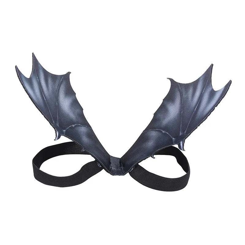 Black cloth bat wings Halloween costume for pets showing three size options: 64cm, 55cm, and 40cm wingspan
