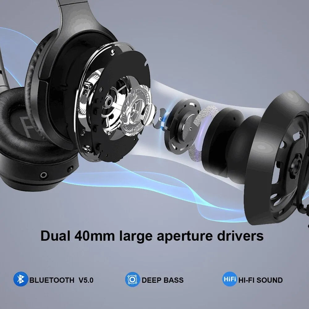 Black wireless Bluetooth headphones with memory-protein ear cushions and adjustable stainless steel headband