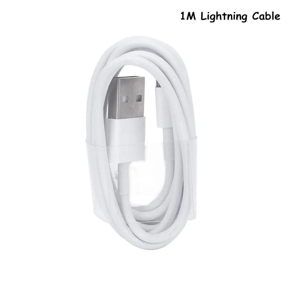 White 5V 2A USB wall charger and white USB to Lightning cable for iPhone and iPad.
