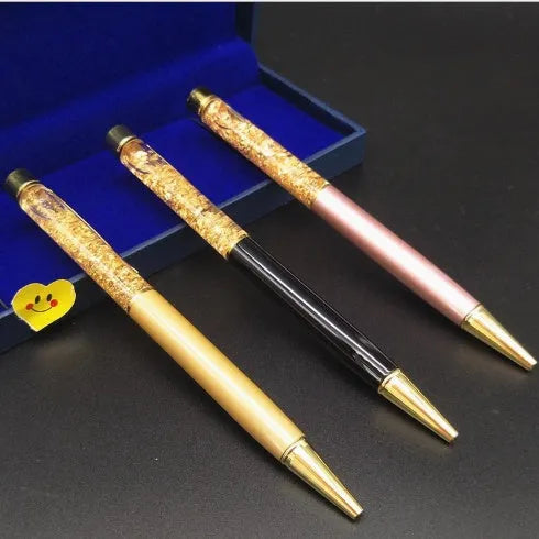 Gold foil metal ballpoint pen with 1mm tip and 13.8cm length