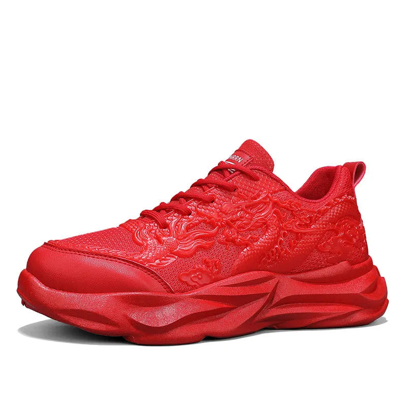 Chinese Loong casual sneakers with dragon design on breathable fly knit upper and rubber sole