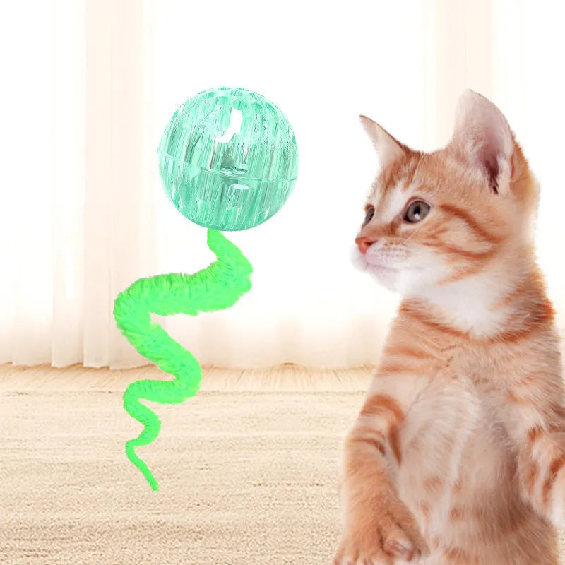 Interactive cat ball toy with flexible plush tail attached to bouncy TPR ball