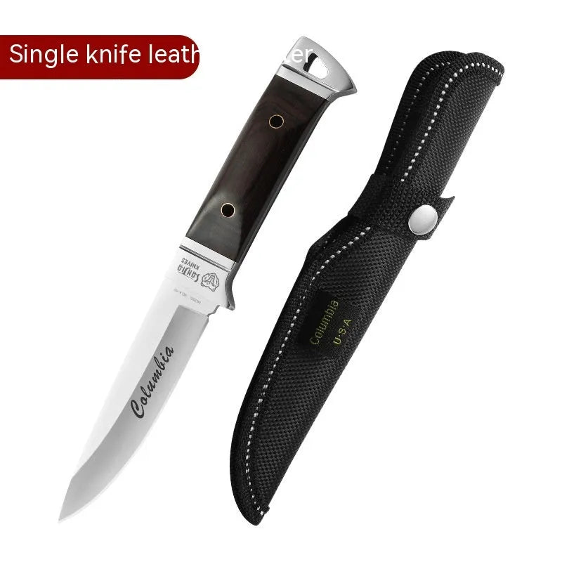 Camping stainless steel fruit knife with leather case showing one-piece keel forming and national style design.