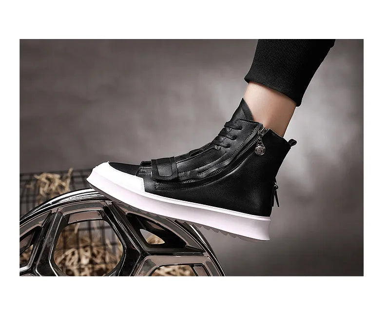 PU leather men's winter ankle boots in high-top sneakers style with microfiber upper, available in black and white colours