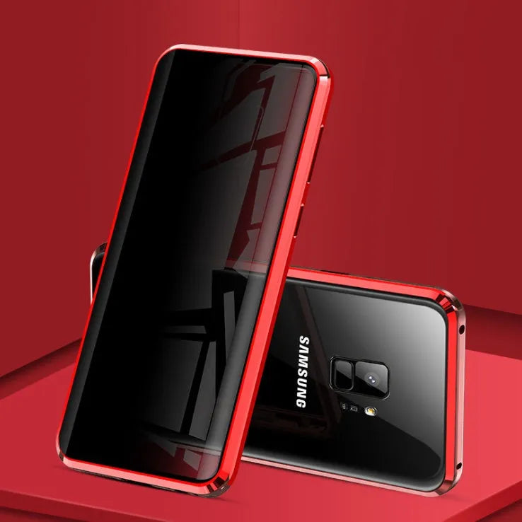Anti-peeping magnetic phone case for Samsung with double-sided glass and metal frame in solid black colour