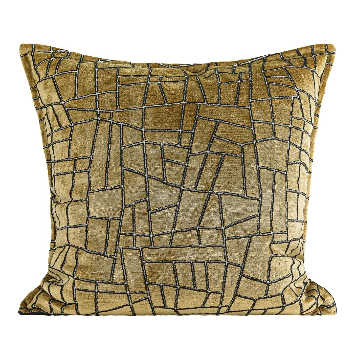Gold and white abstract geometric patterned cushion cover on a grey sofa, showing 45x45cm square size option.