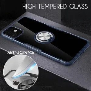 Black iPhone case with detachable car holder arm mounted on dashboard showing shockproof PC construction