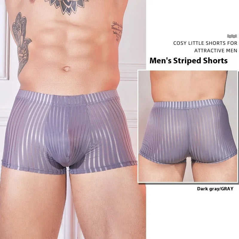 Men's striped nylon underwear briefs in black, dark grey, and white colours